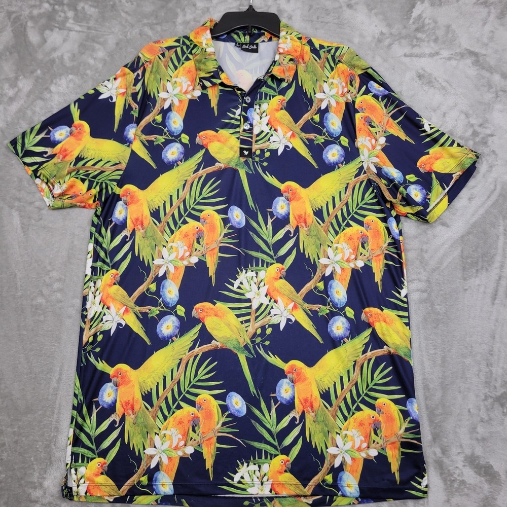 Bad Birdie Golf Shirt Men's Large Colorful Floral Palm Birds Print‎ Performance